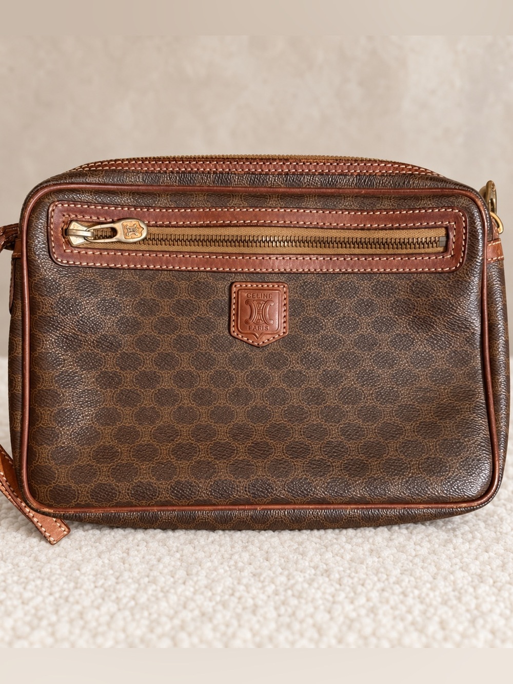 Authentic Vintage Celine Macadam Monogram Wristlet Clutch Brown M90